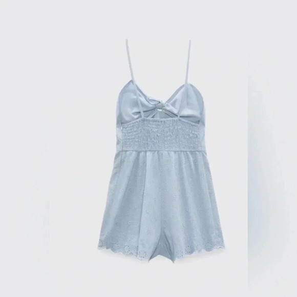 Zara Baby Blue Embroidered‎ Shorts Romper w/ Spaghetti Straps & Side Zip NWT M - Picture 3 of 9